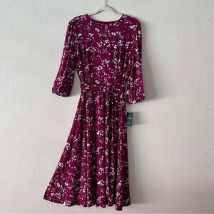 Lauren RALPH LAUREN Burgundy Floral Boat Neck Long Sleeve Woman’s Midi Dress NWT